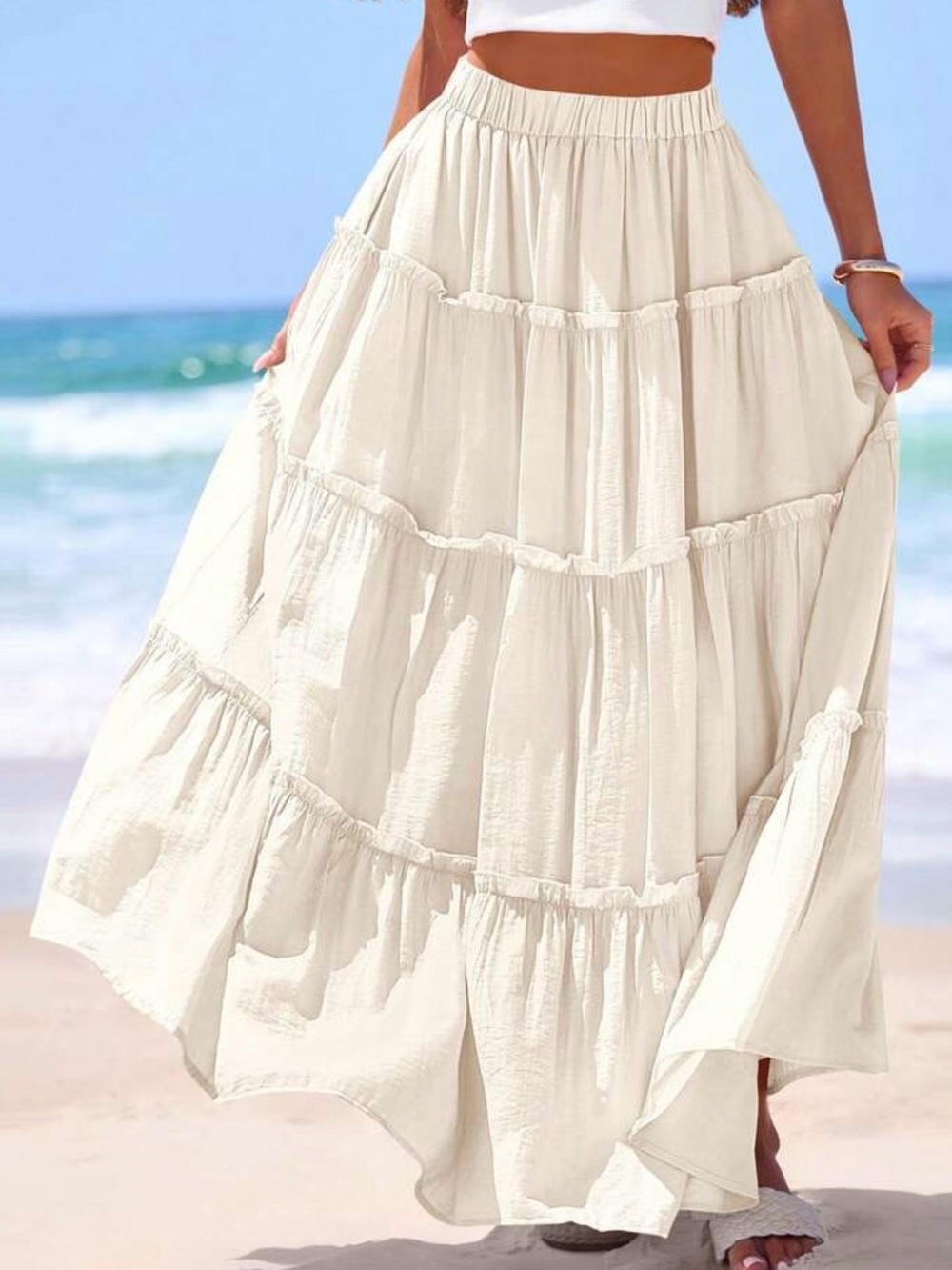 Beige Tiered Maxi Skirt - Women's Beach Skirt